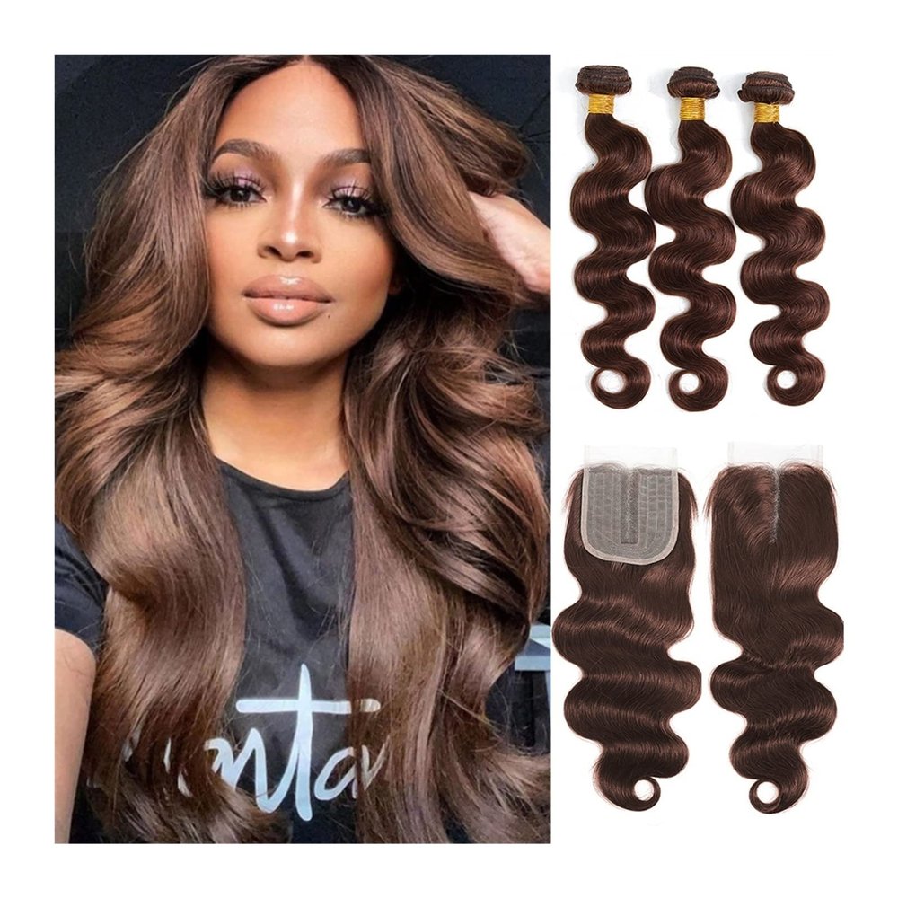 Brazilian Human Hair Body Wave Bundles with 4x4 Lace Closure, Color #4