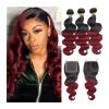 Body Wave Ombre Human Hair Bundles with Closure, 1B/Burgundy view 1