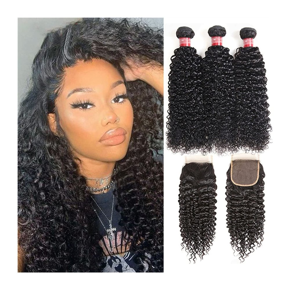 Malaysian Remy Kinky Curly Human Hair Bundles with 4×4 Closure, 10–28 in