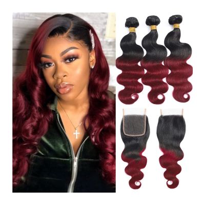 Brazilian Body Wave Ombre Human Hair Bundles with Lace Closure, 1B/Burgundy
