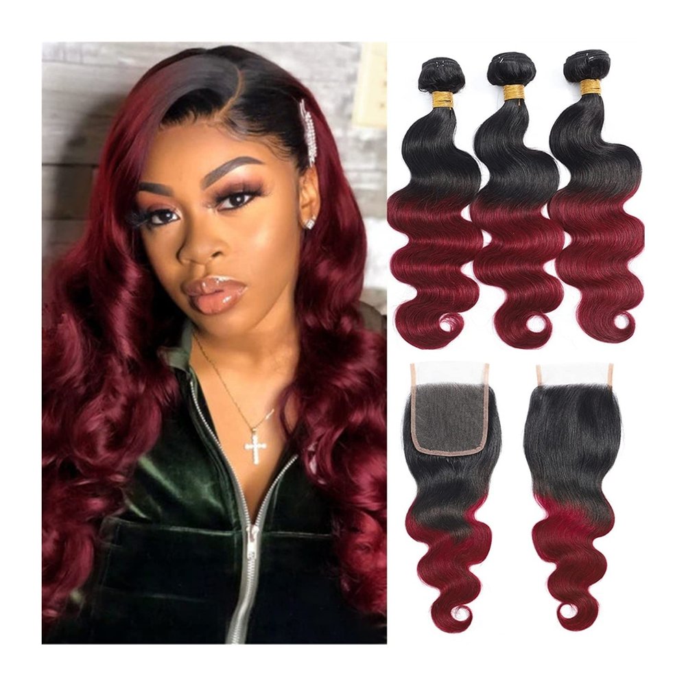 Brazilian Body Wave Ombre Human Hair Bundles with Lace Closure, 1B/Burgundy