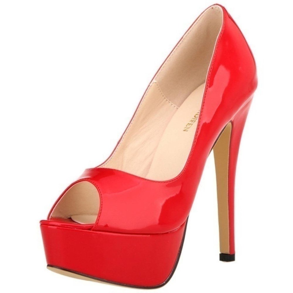 QIANKUN Women's Sexy Open-Toe Platform Patent Leather High Heels, Red Wedding Stilettos, Size 38