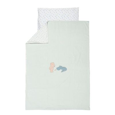 Nattou Cotton and Polyester Bedding Set, Crocodile and Bear, Reversible Design, Duvet Cover 140 x 100 cm, Pillowcase 40 x 60 cm, Romeo, Jules and Sally, Light Blue