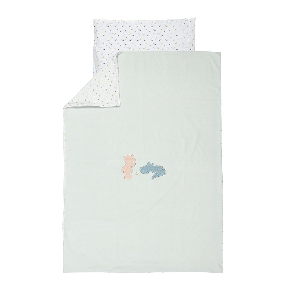 Nattou Cotton and Polyester Bedding Set, Crocodile and Bear, Reversible Design, Duvet Cover 140 x 100 cm, Pillowcase 40 x 60 cm, Romeo, Jules and Sally, Light Blue