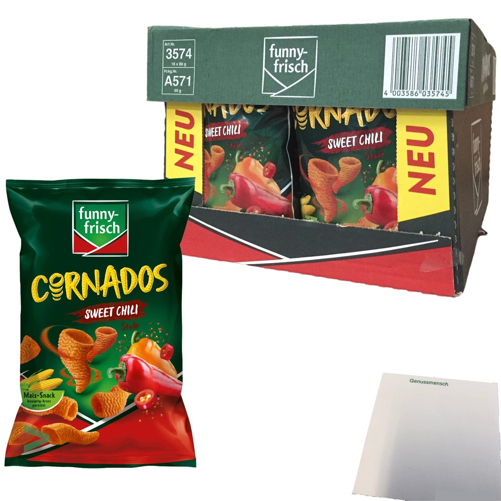 funny-frisch Cornados Sweet Chili Corn Snack, 16-Pack (16 x 80 g Bags) + usy Block