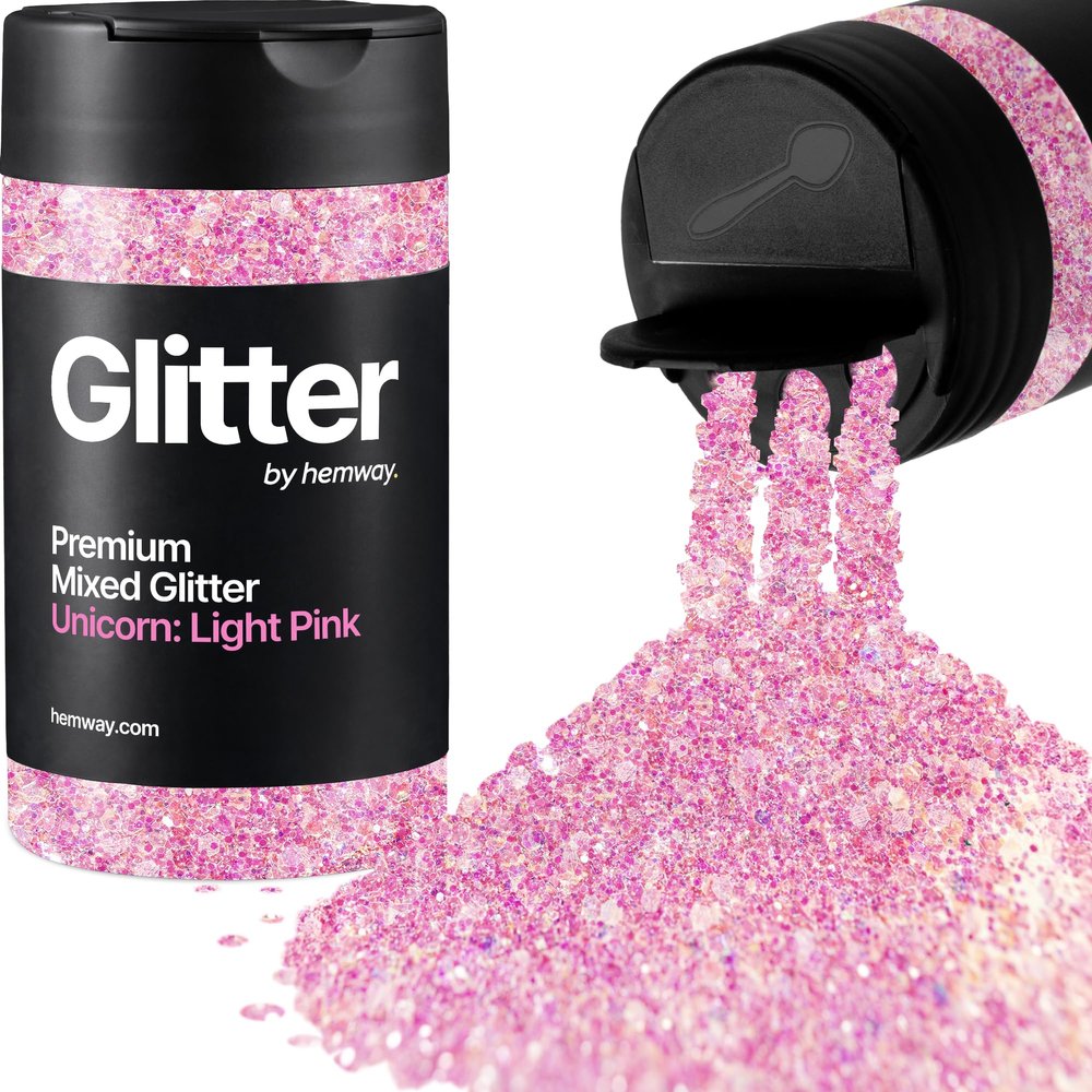 Hemway Chunky Glitter 105g/3.7oz Mixed Craft Glitter Powder, Sequins and Metallic Flakes for Nail Art, Body, Face, Eyes, Hair, Festivals, Epoxy Resin, Tumblers, Crafts and Parties – Unicorn Light Pink Mix