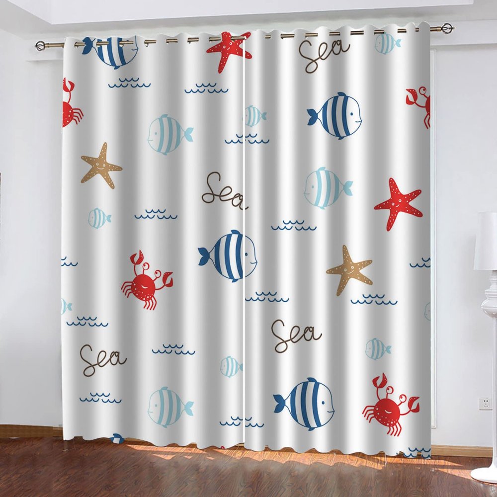 BOVZOX 3D Blackout Curtains, 2-Pack, 132 x 210 cm, Colorful Cartoon and Goldfish Print