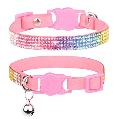 Pink Rhinestone Cat Collar with Bell, Sparkly Soft Velvet