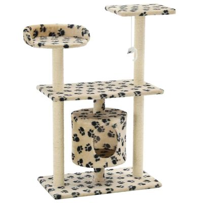 Cat Scratching Post with Cat Cave, Plush Toys and Sisal, 95 cm, Beige, Paw Print Design