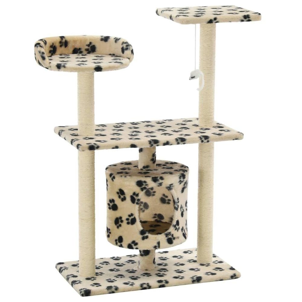 Cat Scratching Post with Cat Cave, Plush Toys and Sisal, 95 cm, Beige, Paw Print Design