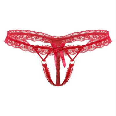 Aislor Men's Ruffled Lace Thong, Transparent Open-Crotch T-Back, Sissy Underwear, Red, One Size