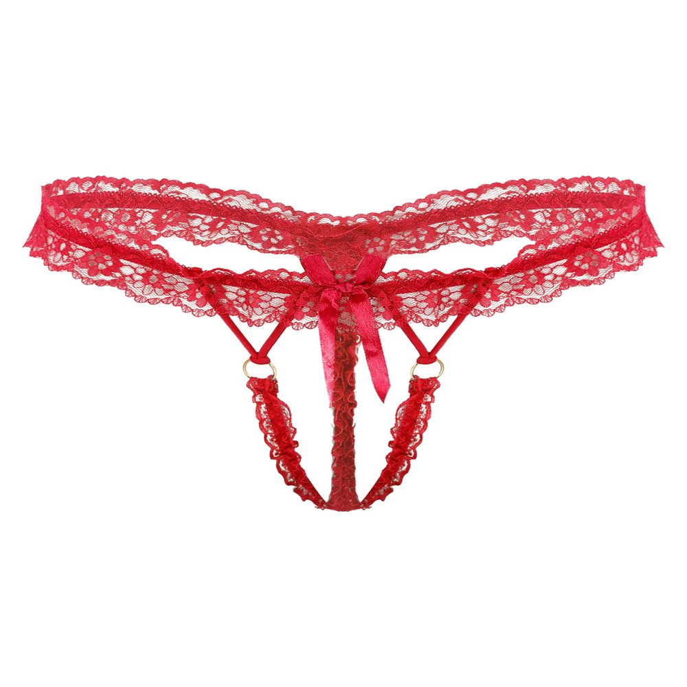 Aislor Men's Ruffled Lace Thong, Transparent Open-Crotch T-Back, Sissy Underwear, Red, One Size