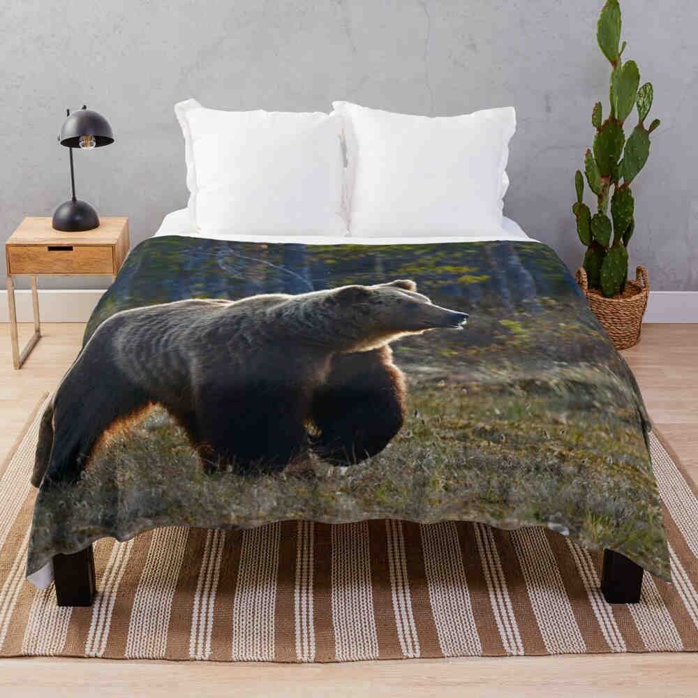 3D Grizzly Bear Print Flannel Throw Blanket – Lightweight Hypoallergenic Plush Blanket for Adults and Children