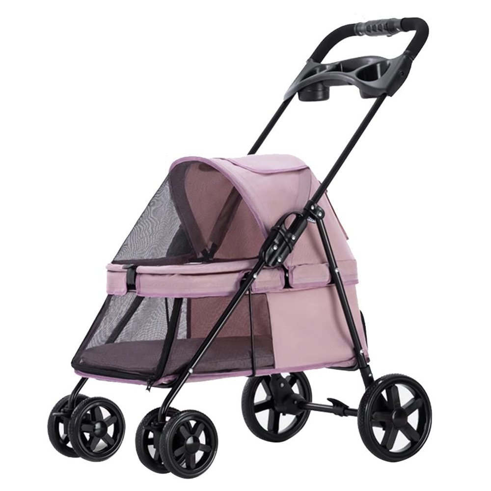 ACiyD Pet Stroller for Cats and Small Dogs with Cup Holder and Rain Cover, Zebra (Pink)