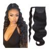 12–26 in Long Wavy Brazilian Human Hair Wraparound Ponytail Extension, Black Wavy view 1