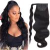 12–26 in Long Wavy Brazilian Human Hair Wraparound Ponytail Extension, Black Wavy view 4