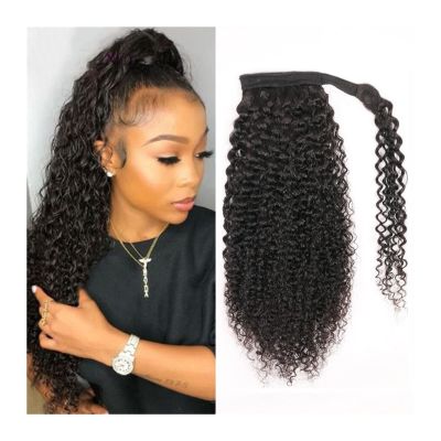 HIHELO 12–26 Inch Curly Human Hair Ponytail Extensions, Wrap-Around, Black, 14 Inches 120 g