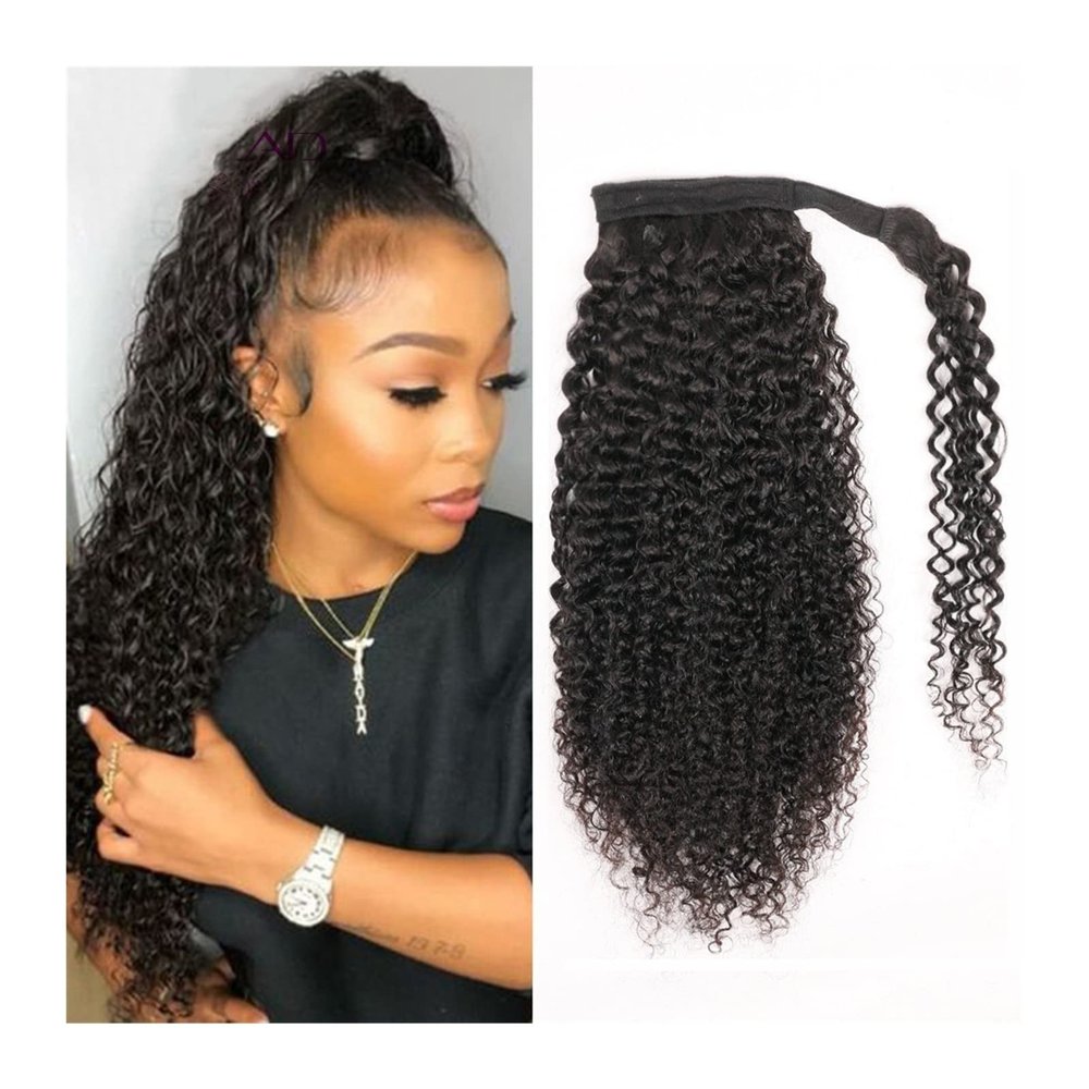 HIHELO 12–26 Inch Curly Human Hair Ponytail Extensions, Wrap-Around, Black, 14 Inches 120 g