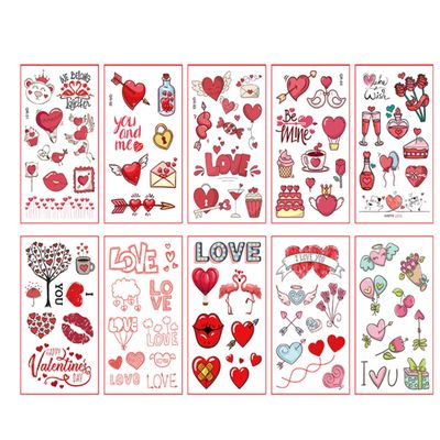 10-Sheet Valentine's Day Temporary Tattoo Set, Waterproof Heart Body Stickers