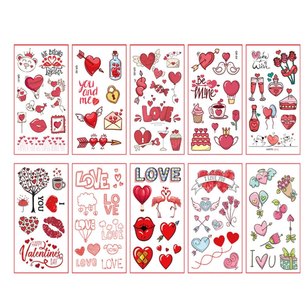 10-Sheet Valentine's Day Temporary Tattoo Set, Waterproof Heart Body Stickers