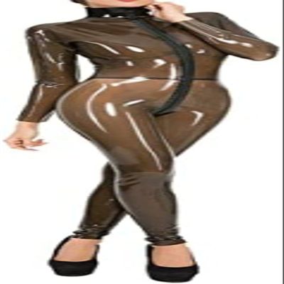 Handmade Latex Catsuit with Front Zipper, Transparent Black/Red, Size M