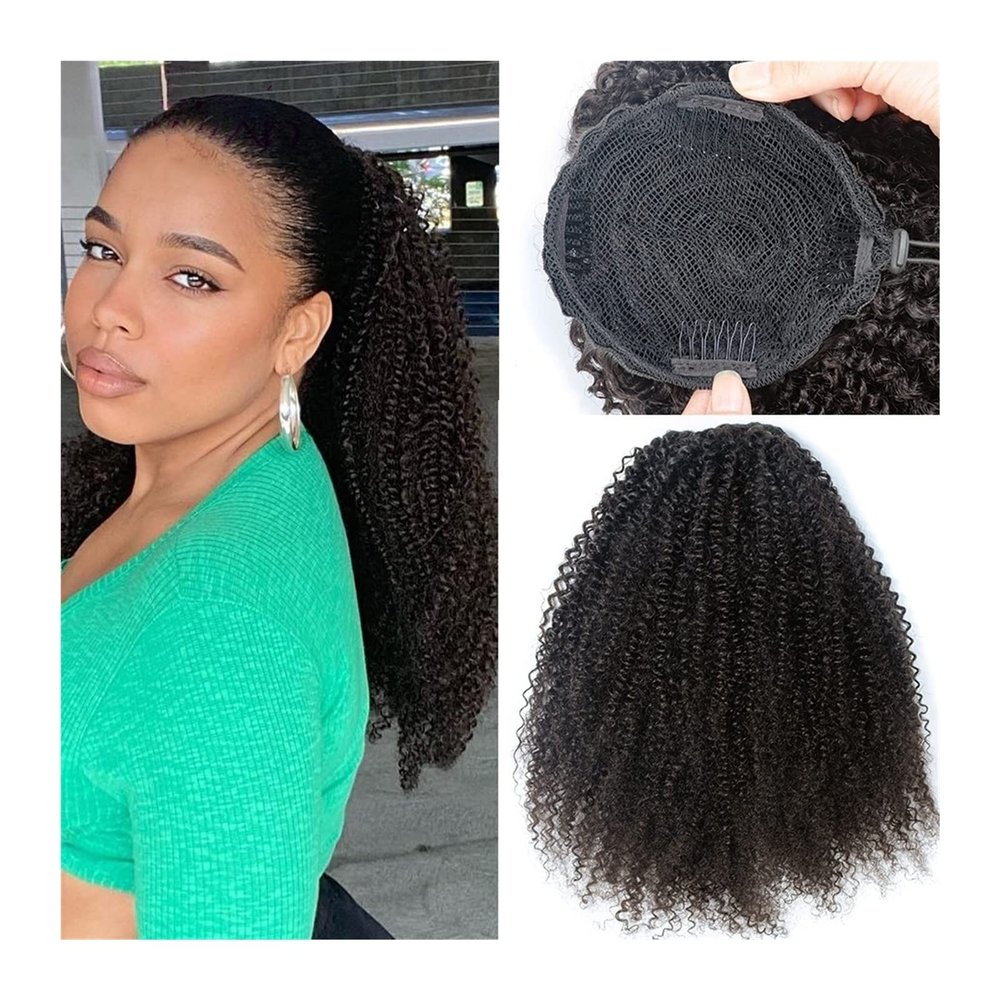 Brazilian Human Hair Ponytail Extension, 12–26 in, Kinky Curly, Drawstring & Clip-In