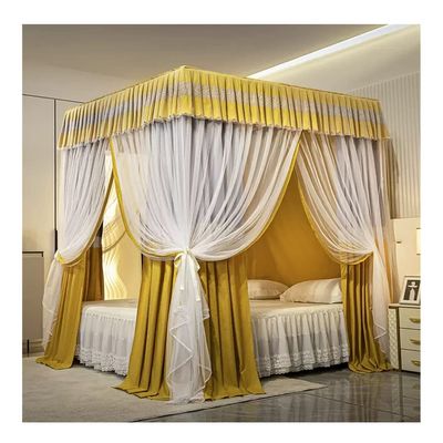 Deluxe Double-Layer Bed Canopy with Mosquito Net and Holder, Yellow, 180X2