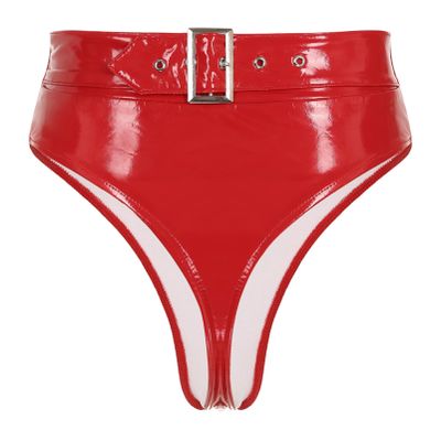 Alvivi Women's Wetlook Open-Crotch G-String Thong Panty, Patent-Look Faux Leather, Red, L