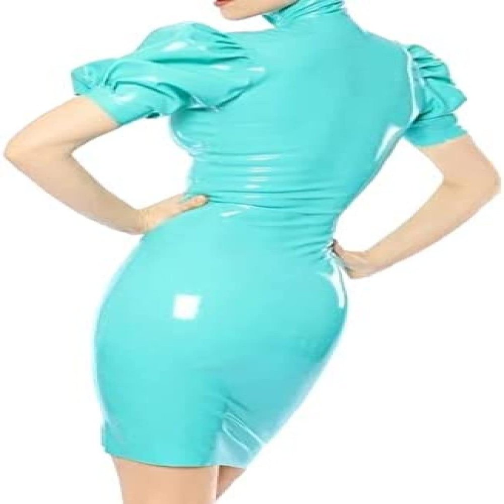 Lake Blue Latex Women's Dress, Handmade, Front Zipper, Lantern Sleeves, Tailored Fit, White, M
