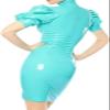 Lake Blue Latex Women's Dress, Handmade, Front Zipper, Lantern Sleeves, Tailored Fit, White, M view 1