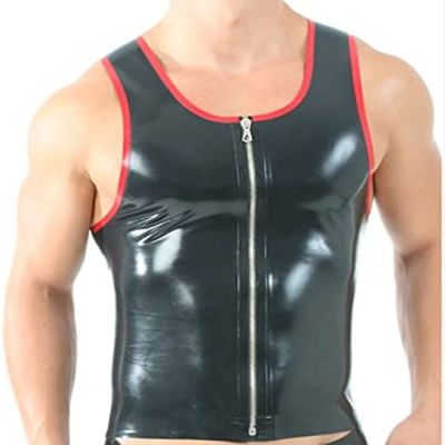 Men's Latex Tank Top Vest with Round Collar and Front Zipper, Black/Red, Jade Green/Red, XXL