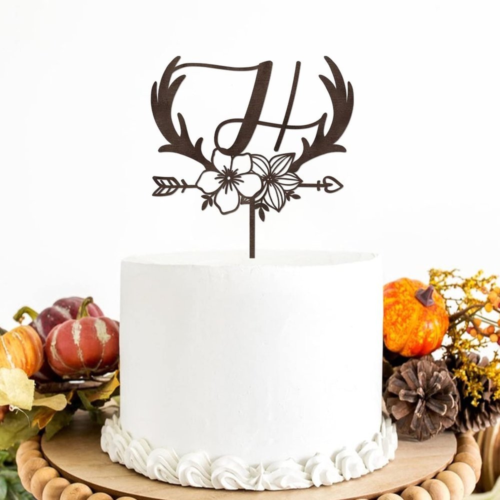 Custom Letter H Wreath Cake Topper, Wood Brown