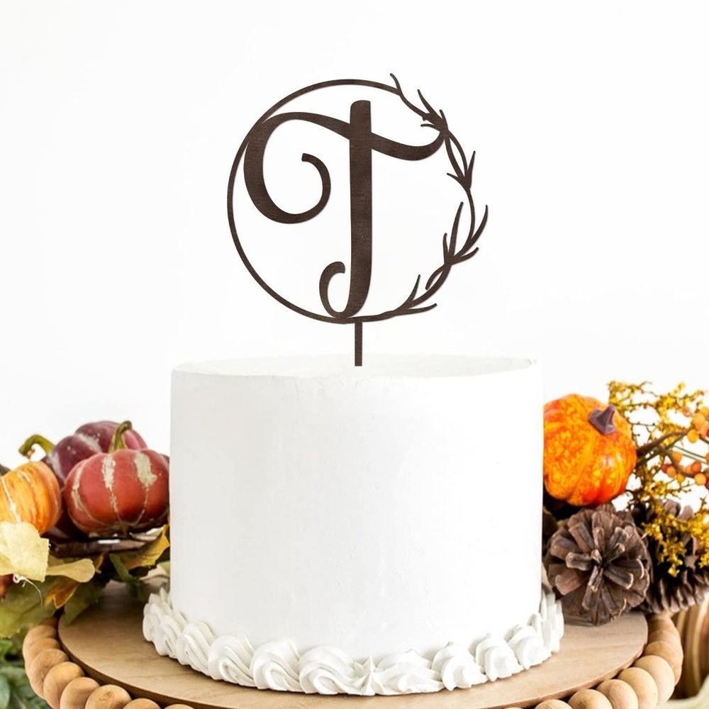 Wreath Letter T Cake Topper, Rustic Country Chic, Wood Brown