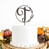 Wreath Letter T Cake Topper, Rustic Country Chic, Wood Brown view 1