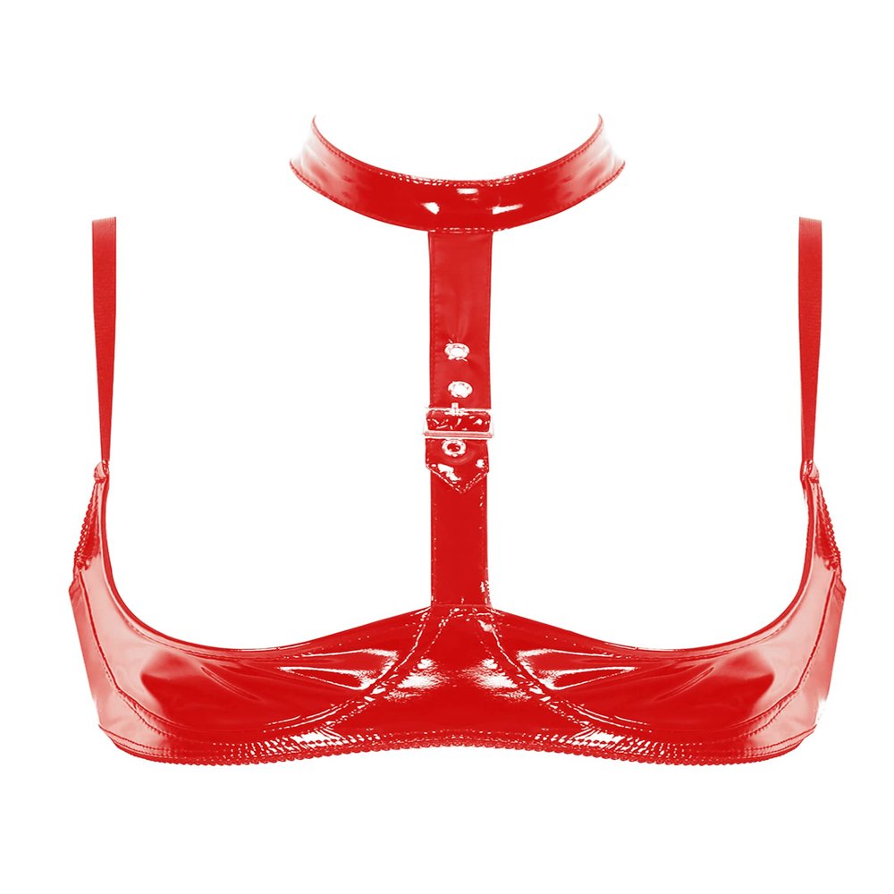 inhzoy Women's Patent Leather Open-Cup Halter Bra, Push-Up Wetlook Harness Clubwear, Red, H 3XL