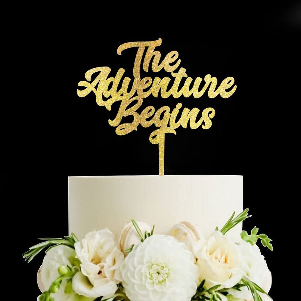 The Adventure Begins Wedding Cake Topper, Vow Renewal Cake Topper, Elegant Anniversary Cake Topper, Unique Gift for Wedding, Engagement, Anniversary, Gold