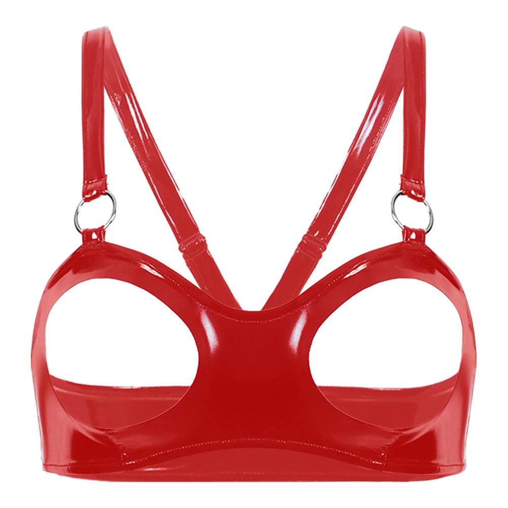 FEESHOW Women's Open-Bust Patent Leather Lace Bra Top with Metal Chain, Red, Size S