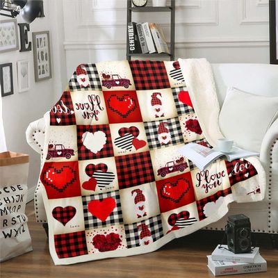 Homewish Cute Gnome Blanket for Kids, Boys and Girls, Patchwork Rose Flower Heart Plaid Fuzzy Throw Blanket, 130 x 150 cm, Red and Black Buffalo Plaid Fleece Blanket for Home Decor