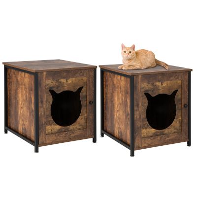 COSTWAY 2-Pack Cat Cabinet, Litter Box Enclosure and Cat House, Vintage Brown, 50 x 53 x 55 cm