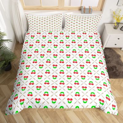 Cherry Duvet Cover Set for Children, Girls, and Teens, Fruit and Branch Design, Geometric Style, 2-Piece, Single Size