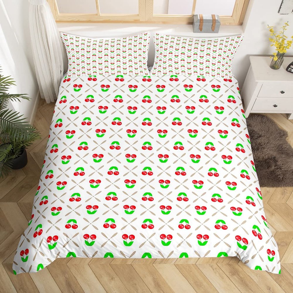 Cherry Duvet Cover Set for Children, Girls, and Teens, Fruit and Branch Design, Geometric Style, 2-Piece, Single Size