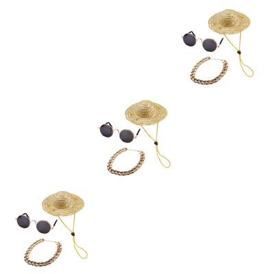 Mipcase 9-Piece Pet Accessories Set with Retro Straw Hats, Gold Necklaces and Sunglasses for Dogs and Cats
