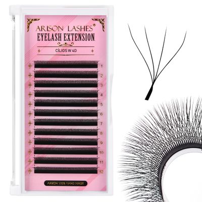 Arison Lashes 4D W Eyelash Extensions, 0.07 mm, D Curl, 11 mm, Pre-Fanned Volume Lashes, 12 Rows, Soft Matte Faux Silk