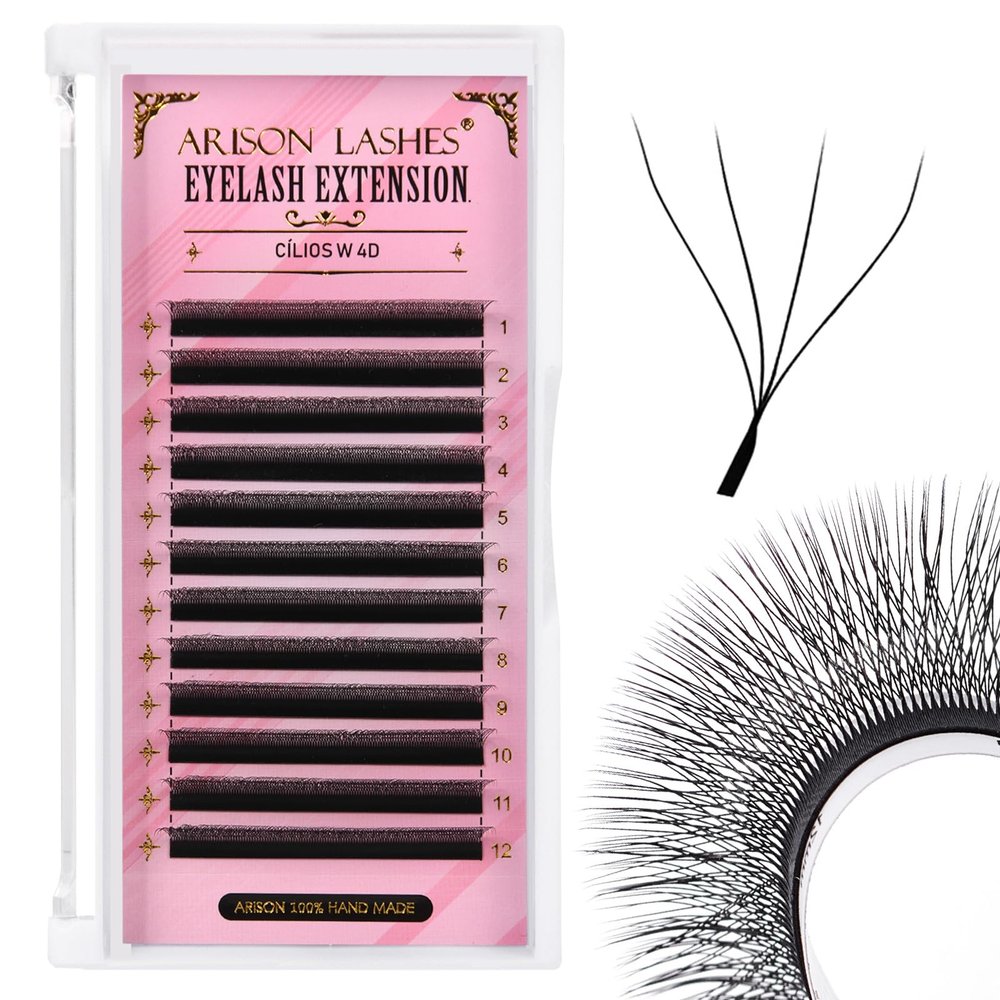 Arison Lashes 4D W Eyelash Extensions, 0.07 mm, D Curl, 11 mm, Pre-Fanned Volume Lashes, 12 Rows, Soft Matte Faux Silk