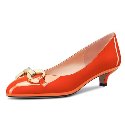 NobleOnly Women's Orange Patent Leather Round-Toe Kitten Heel Pumps, Slip-On, 3.5 cm, EU 36