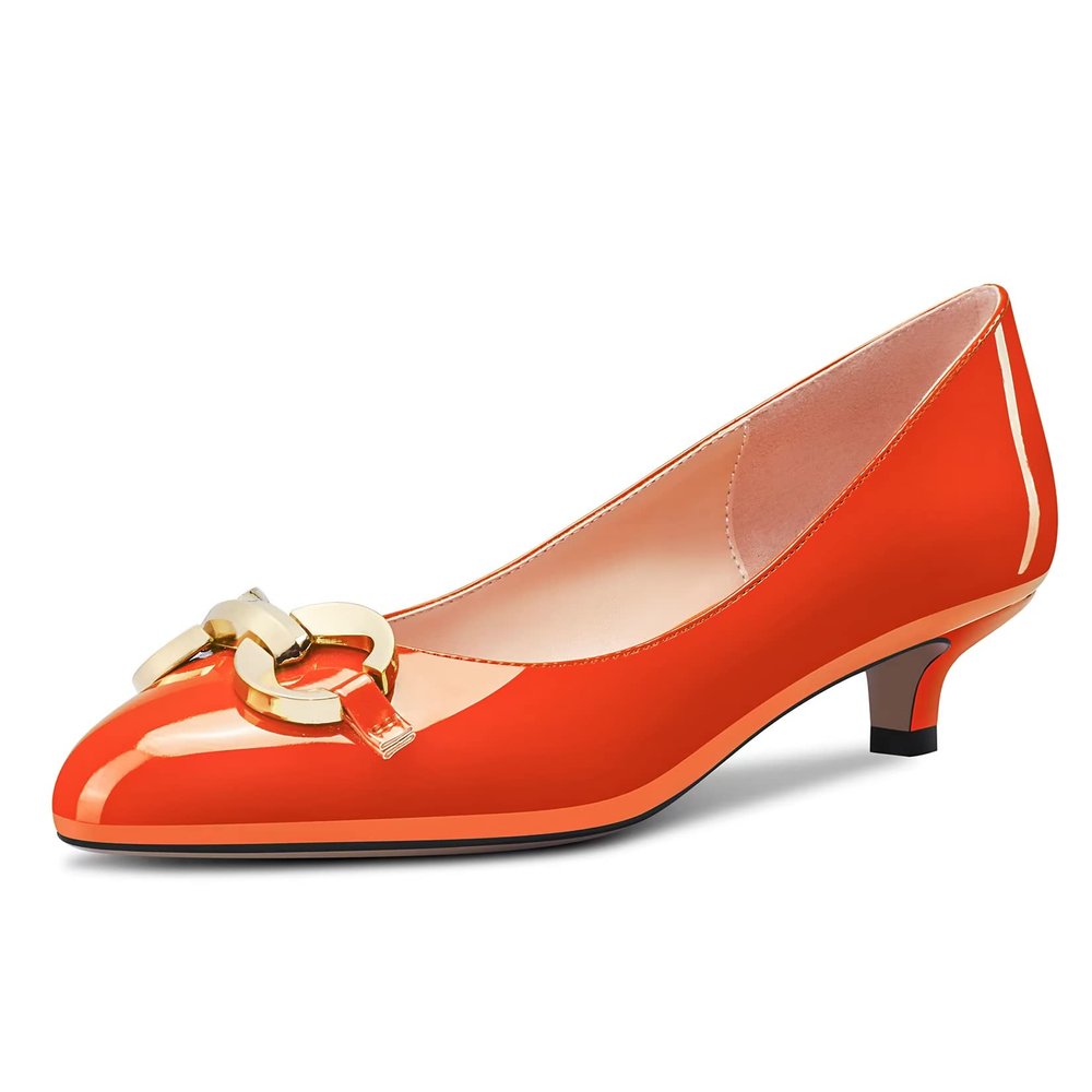 NobleOnly Women's Orange Patent Leather Round-Toe Kitten Heel Pumps, Slip-On, 3.5 cm, EU 36