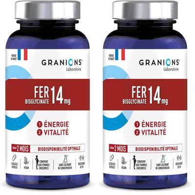 Iron Bisglycinate 14 mg + Vitamin B | Energy and Vitality | 100% of Recommended Intake | Optimal Bioavailability | Pregnant Women | 60 Capsules = 2 Months | Laboratoire des Granions