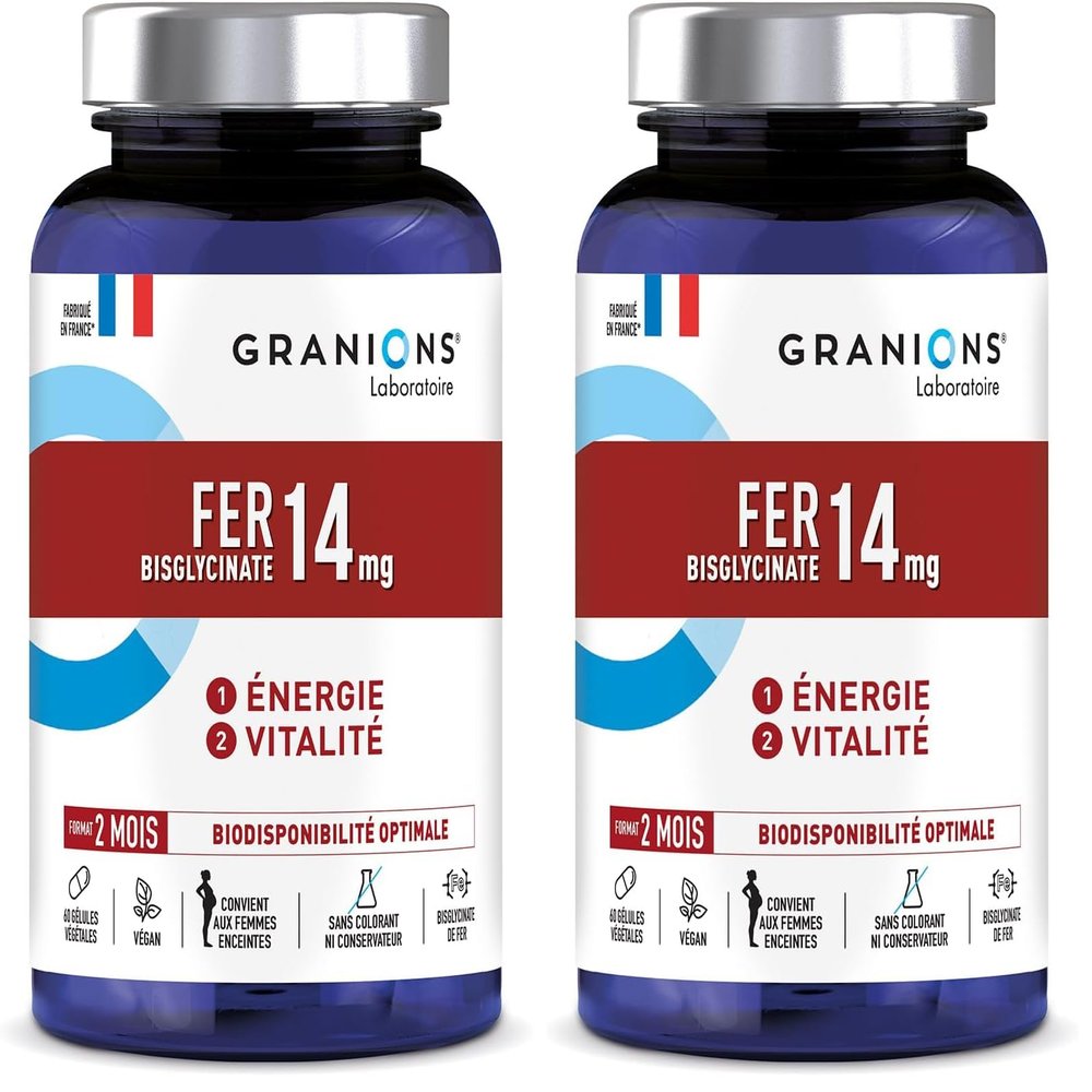 Iron Bisglycinate 14 mg + Vitamin B | Energy and Vitality | 100% of Recommended Intake | Optimal Bioavailability | Pregnant Women | 60 Capsules = 2 Months | Laboratoire des Granions