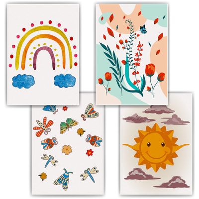 Rainbow, Sun & Butterflies Wall Art Set of 4, DIN A4