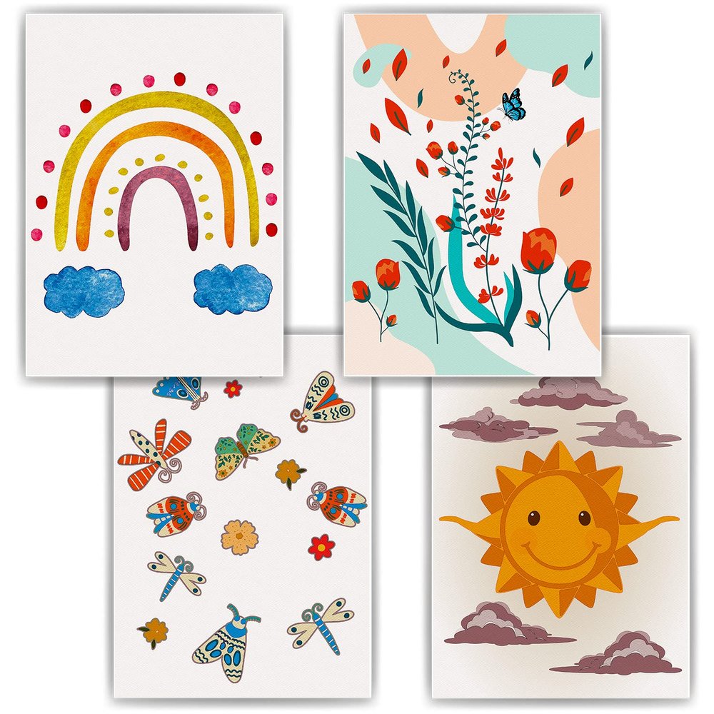 Rainbow, Sun & Butterflies Wall Art Set of 4, DIN A4